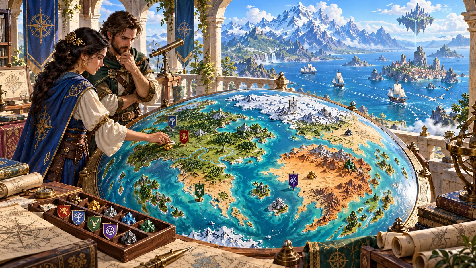 Fantasy editorial illustration of a worldbuilding setting with lands and seas