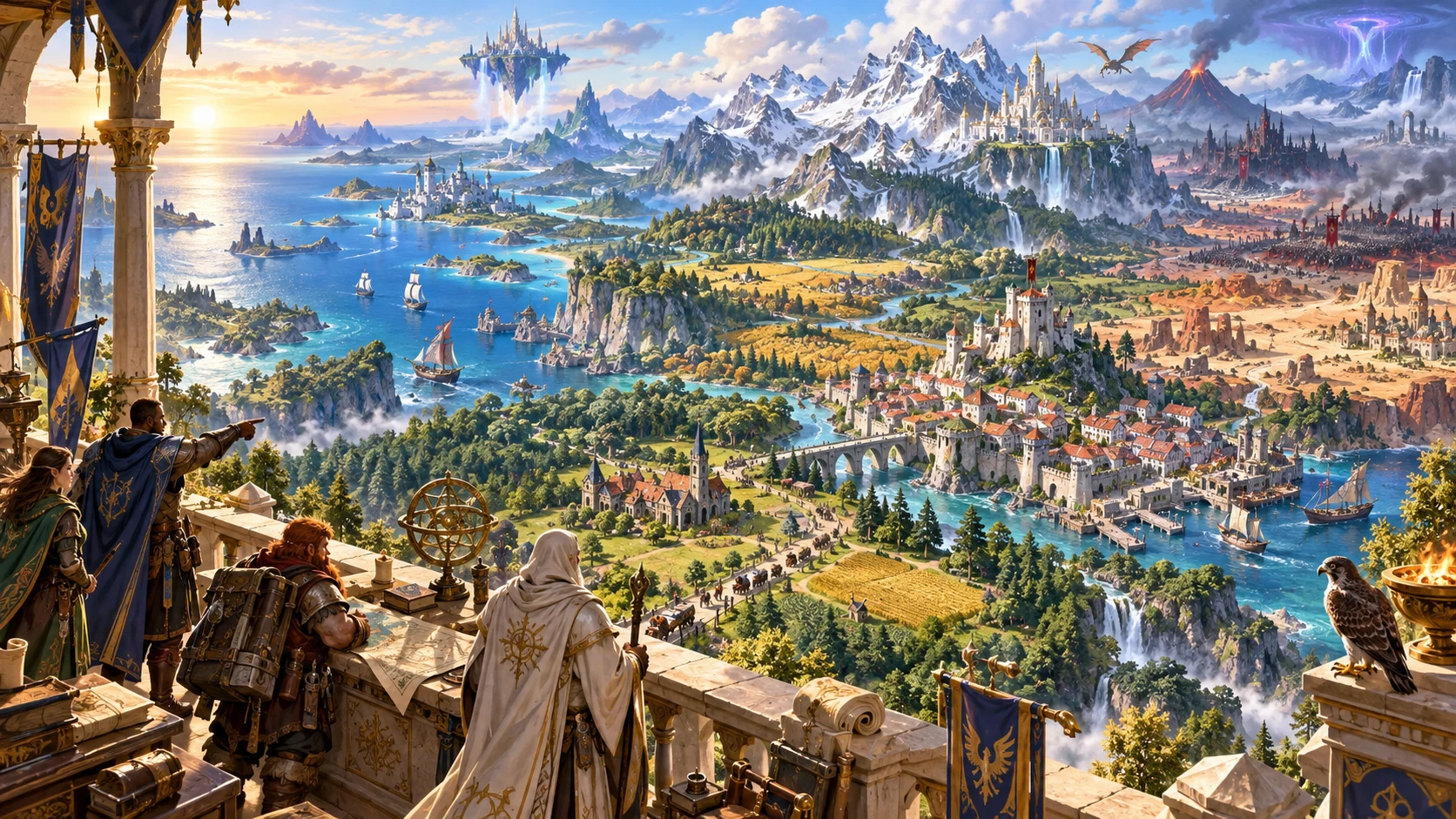 Fantasy editorial illustration of a connected fantasy setting